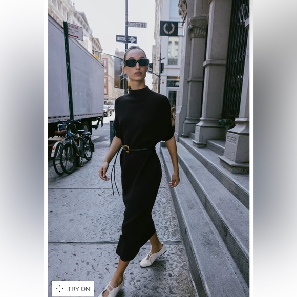 ZARA Women’s Black Knit Belted Dress, M NWT - Picture 3 of 15